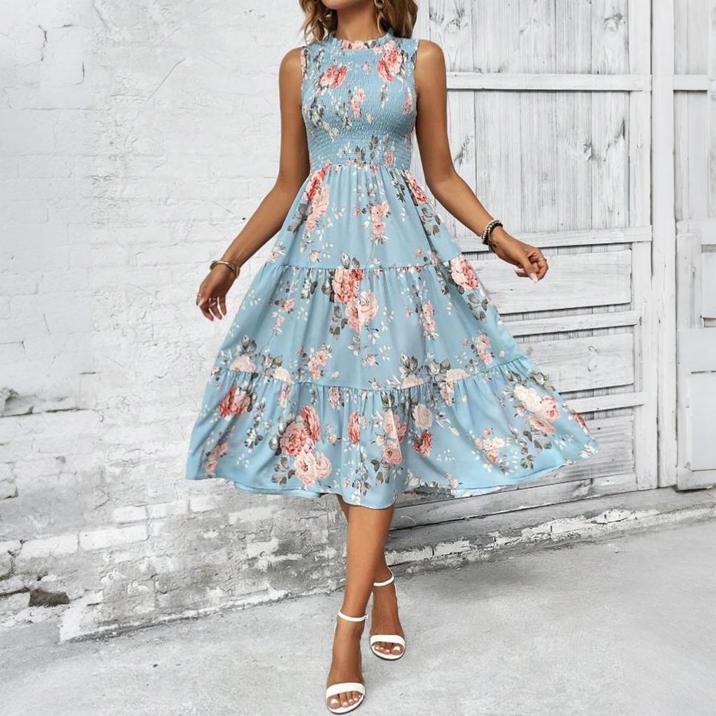 Women Sleeveless Crew Neck Ruched High Waist Floral Print Midi Dress Elegant Casual Loose Fit Sundress for Daily Wear