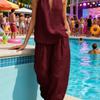 Dámský dvoudílný top s halter výstřihem bez rukávů, outfit s vysokým pasem, kalhoty s V-výstřihem, ležérní volné kalhoty, letní domácí oblečení
