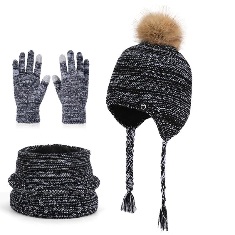 Winter Boys and Girls Baby Children's Hat, Scarf, Gloves, Three Piece Set, Outdoor Velvet Warm Ear Protection, Knitted Yarn Hat