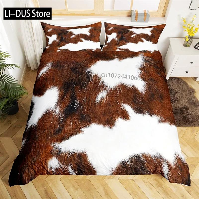 Cowhide Print Duvet Cover Queen Microfiber Western Farmhouse Animal Skin Fur Bedding Set 3pcs for Kids Teen Cow Quilt Cover