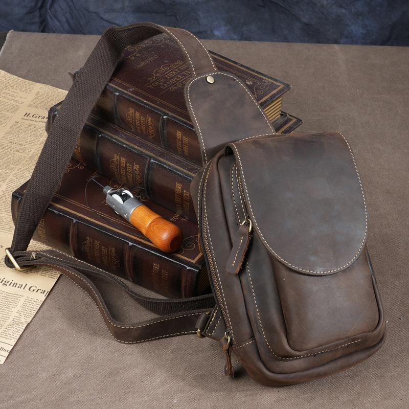 Retro Trendy Leather Men's Chest Bag, Crazy Horse Leather Crossbody Bag, Outdoor Sports and Leisure Top Layer Cowhide Phone Bag