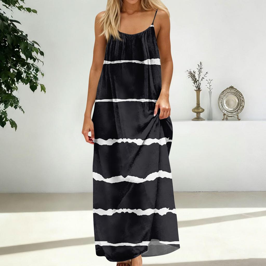 Women's Fashion Backless Spaghetti Strap Casual Loose-Fit Striped Print Dress