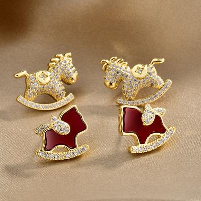 2026 Year of the Horse Red Rocking Horse Stud Earrings Micro-Paved Zircon Zodiac Jewelry for Women