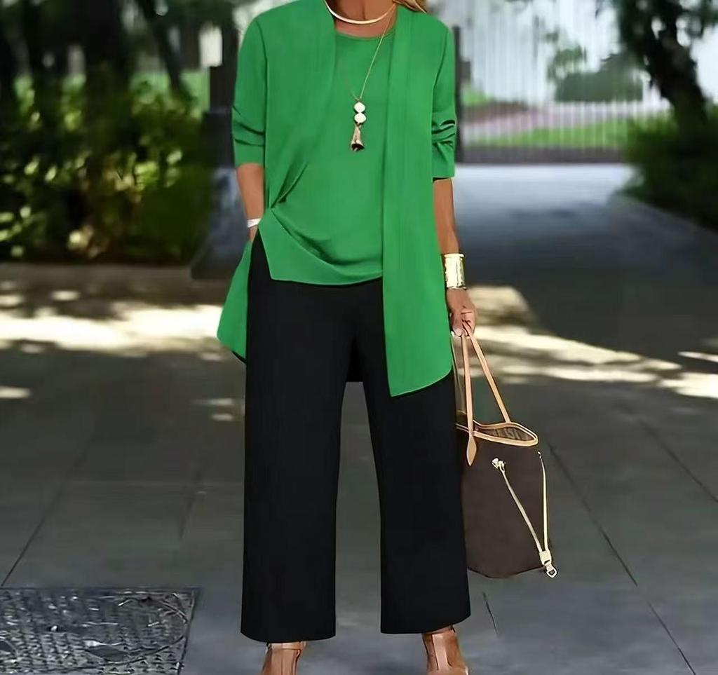 2021 Übergröße Einfarbiges Dreiteiliges Set: Schlankmachendes und Bauchbedeckendes Lässiges Mode-Outfit für Frauen