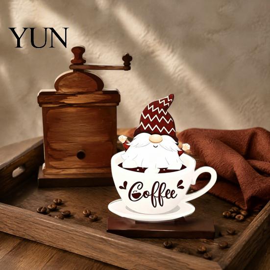 Cute Gnome Coffee Signs Bar Table Ornament, Wooden Theme Stand with Stable Tiered Tray Decor Base, Retro Farmhouse for Kitchen Station Countertop