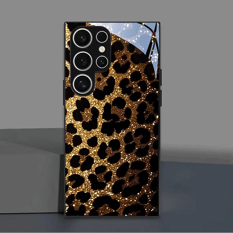 Golden Flash Leopard Pattern Tempered Glass Phone Case Suitable for Samsung GalaxyS26 S25 S24 S22 S21 S20FE/Ultra/Plus Anti Drop