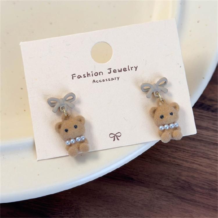 Coffee Flocking Bear Earrings Comfortable Ear Studs Student Fashion Accessories for Daily Commute or Social Event