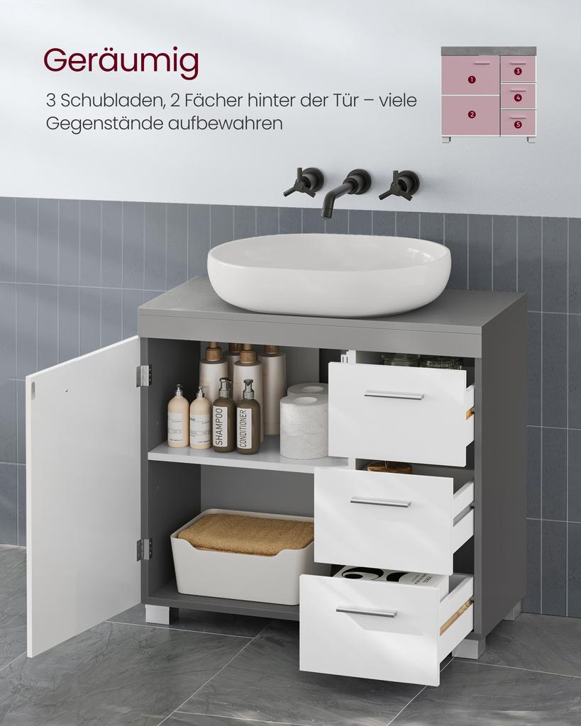 VASAGLE Mobile da bagno, Mobile per bagno, 3 Cassetti Grandi, 30 x 70 x 64 cm, Mobile da bagno, 2 Scomparti Dietro la Porta