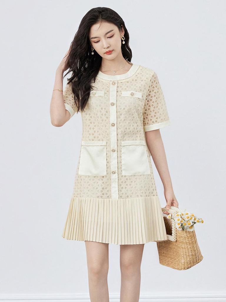 French Quiet Luxury Water-Soluble Lace-Chiffon Pleated Summer Dress