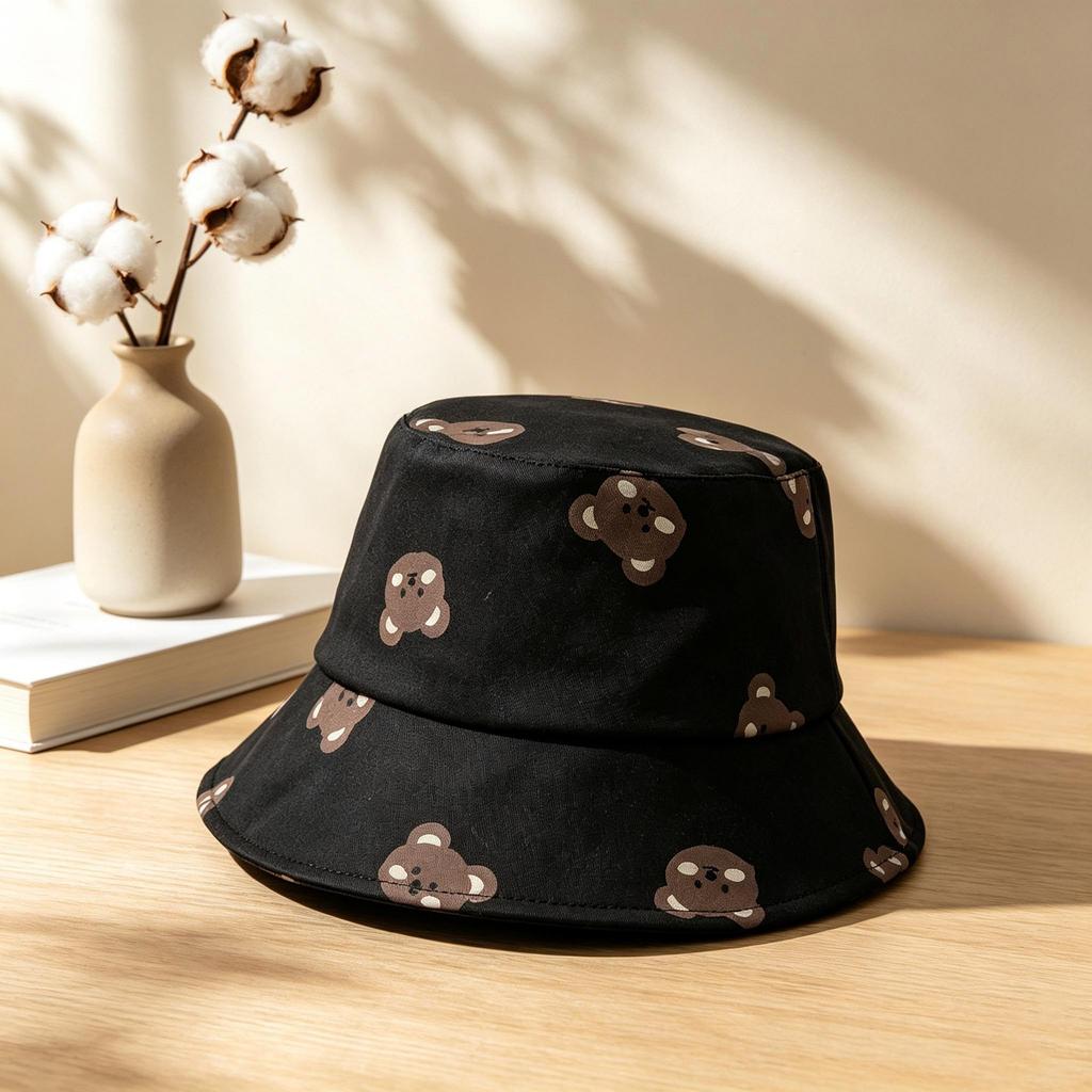 Cute cartoon cat cotton and linen bucket hat female sweet soft cute face washbasin hat simple versatile autumn and winter hat