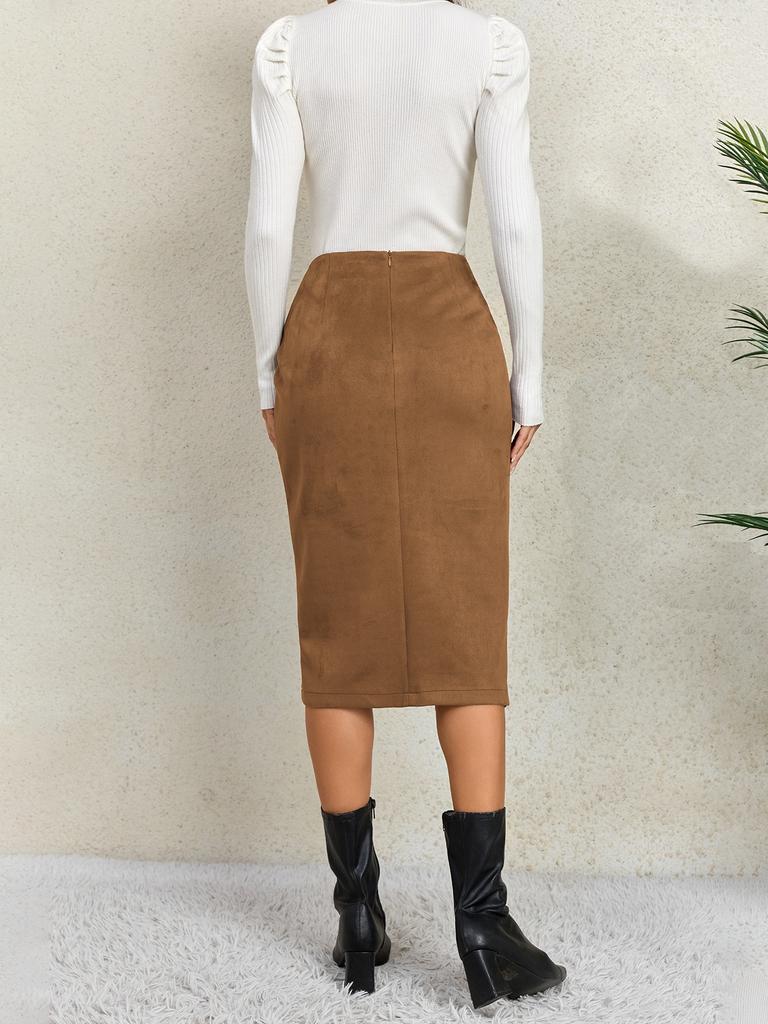 Women's Solid Color Pleated Suede Skirt High Waisted Buckle Wrapped Hip Short Skirt Middle Skirt