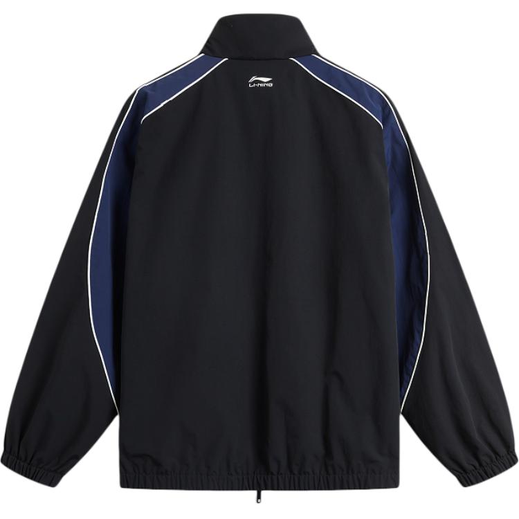 LiNing Lettuce Leaf American Vintage Water-Resistant Windbreaker With Lettered Stand Collar Zipper Men Outerwear Black Deep-Navy-Blue AFDU957-4