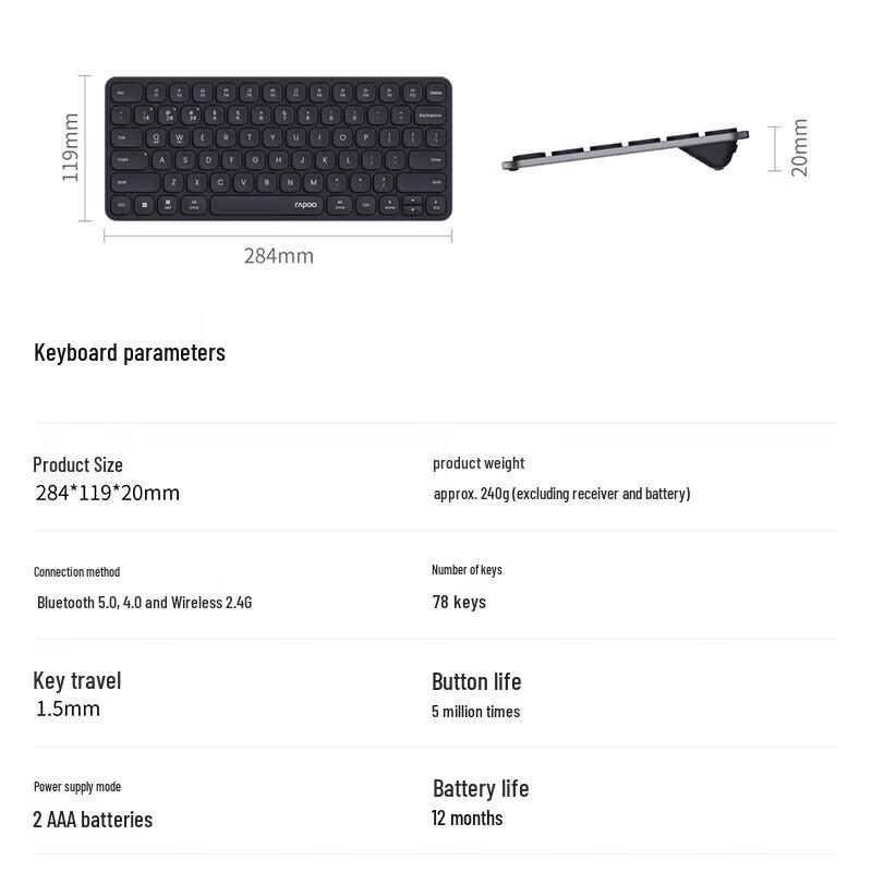 Rapoo E9000G Upgraded 78-Key Multi-Mode Wireless Keyboard