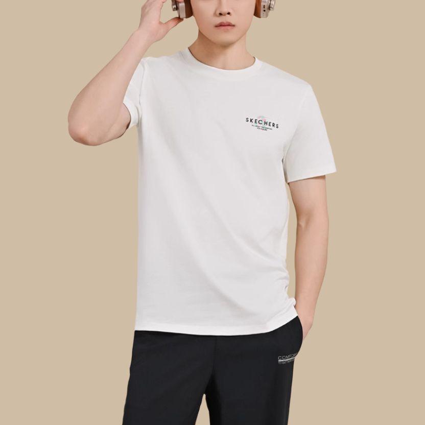 Skechers Fashionable Versatile Printed Round Neck Short Sleeve T-Shirt Unisex Tops Cotton-Candy-White L224U181-0074