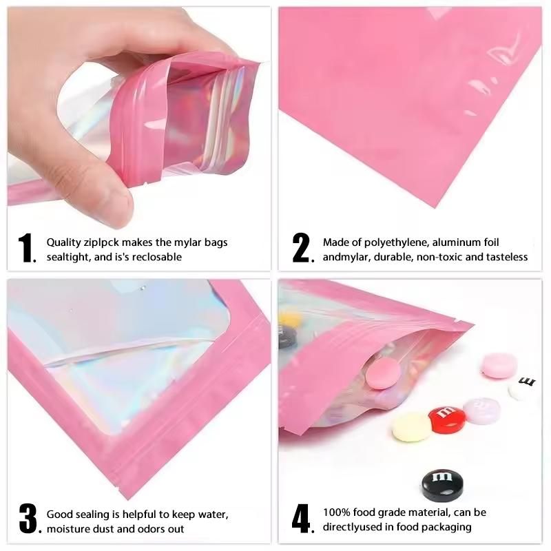 100Pcs Holographic Ziplock Bag Plastic Laser Iridescent Zip Bags for Manicure Eyelash Display Earrings Ring Jewelry Storage Bags