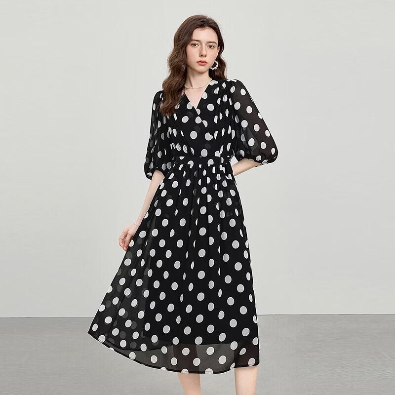 French Elegant Polka Dot Chiffon V-Neck Midi Tea Dress
