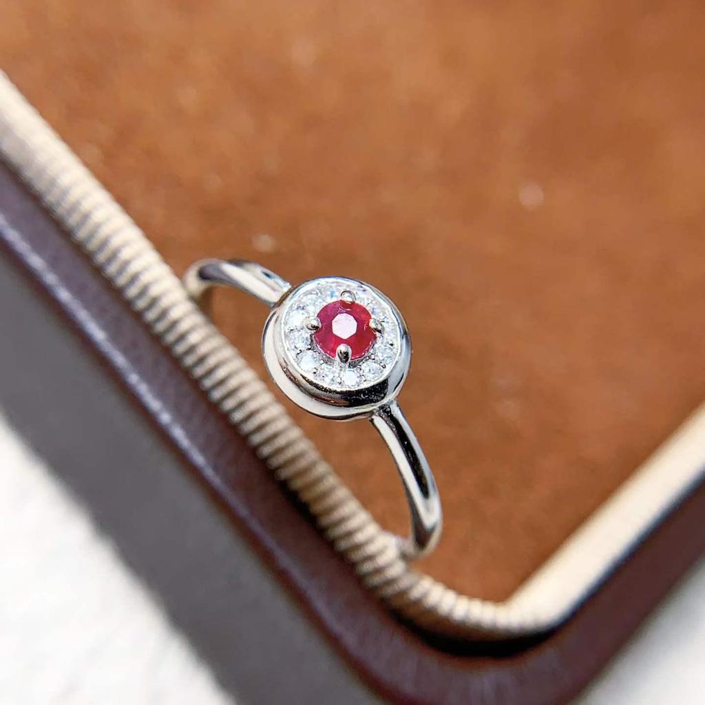 S925 Silver Natural Ruby Ring with Zircon Bezel - Thin Band Women's Gemstone Ring