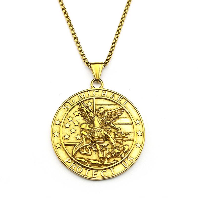Archangel St.Michael Protect Us Pendant Necklace for Women Men Stainless Steel Christian Saint Michael Medal Chain Jewelry Gift