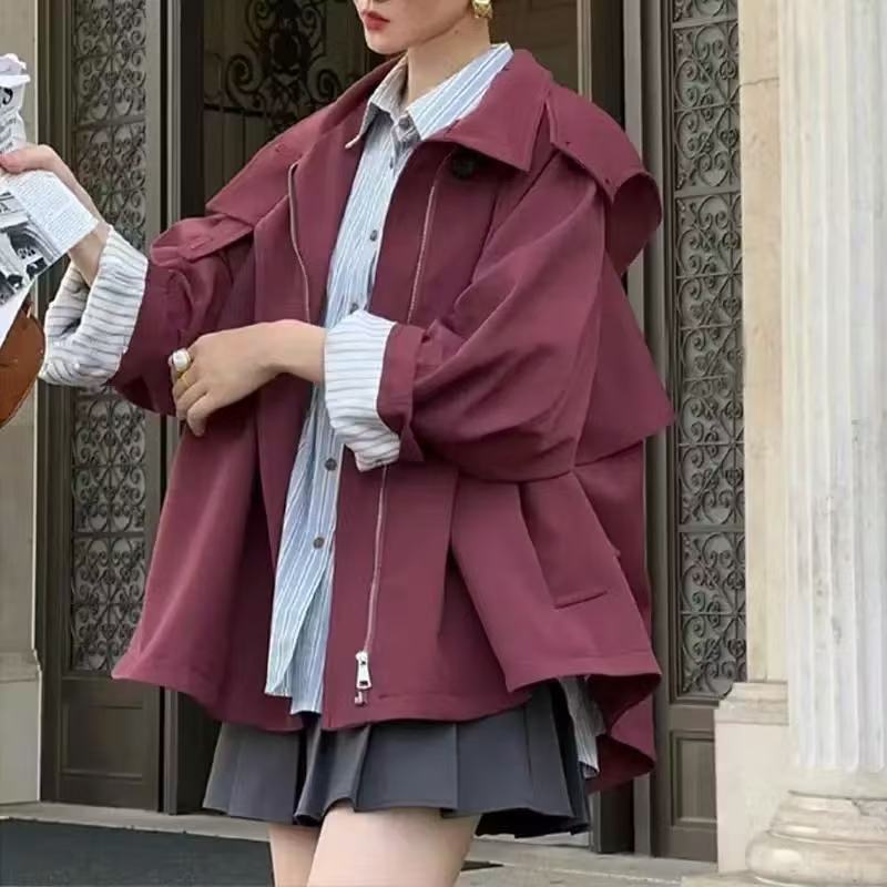 American Vintage Long Sleeve Hooded Trench Women Casual Wide-Waisted Zipper Utility Style Coat Button Patchwork 2025 Autumn