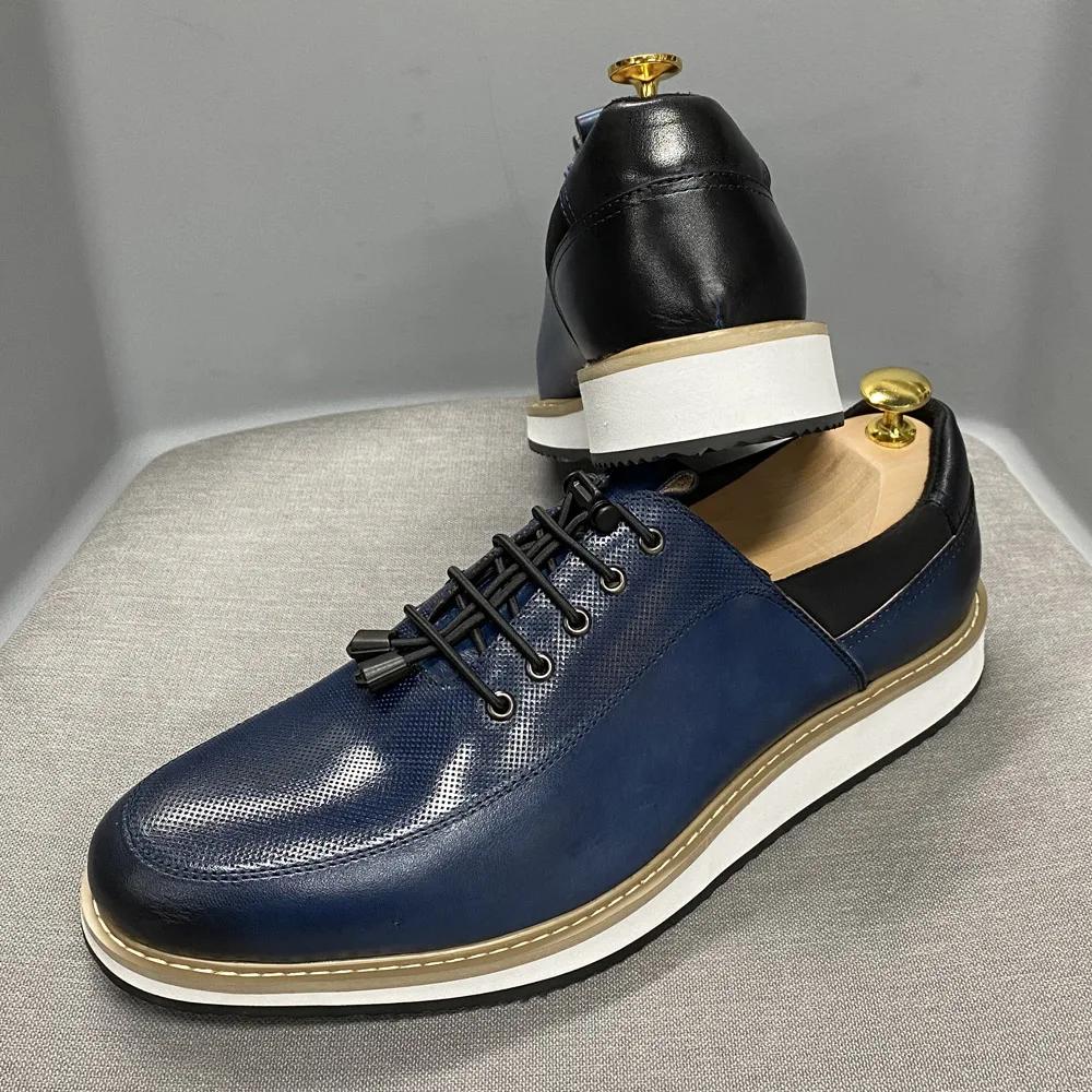 Zapatos Casuales de Moda para Hombre 2025 Zapatillas de Lujo con Cordones de Cuero Genuino de Alta Calidad Azul/Negro Oxfords Planos Transpirables