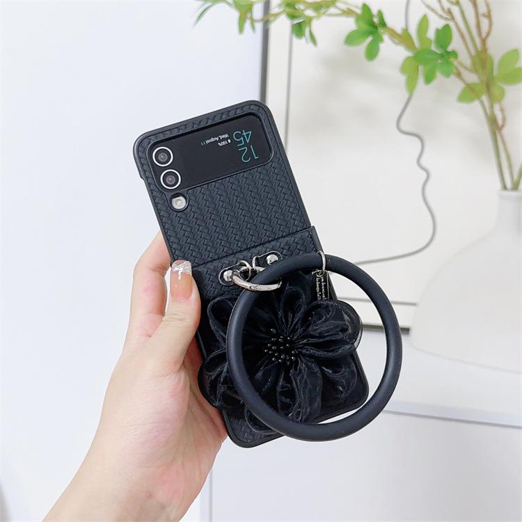 Applicable To Samsung ZFlip5 Mobile Phone Case Straw Mat Pattern Leather Case Flower Portable Hanging Ring Zflip4 Folding Protective Case