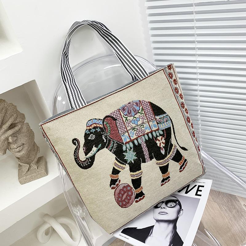 Portable Jacquard Bag Kitten Large Embroidered Canvas Bag Shopping Fashion Shoulder Women's Bag Tote Bag
