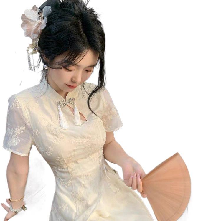 Women's Summer Cheongsam Dress with Tassel Embroidery – Youthful Chinese Style with Irregular Waist-Cinching Long Skirt