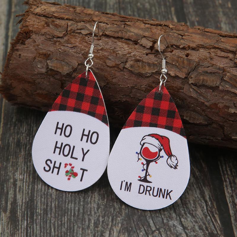Double-Sided Leather Earrings with Red Plaid Christmas Wine Glass Design
