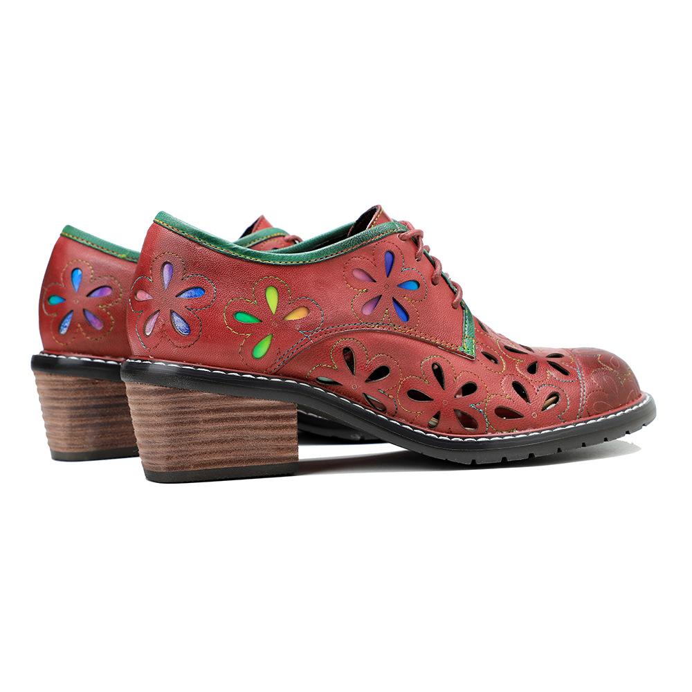 Johnature Genuine Leather Versatile Women Pumps Hand Brushed Vintage Contrast Hollow Out Thick Heels Shoes
