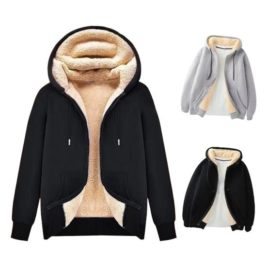 Autumn Winter Men's Fleece Hooded Jacket Winter Thickened Zipper Closure Warm Casual Solid Color Hoodie with Zipper Coat