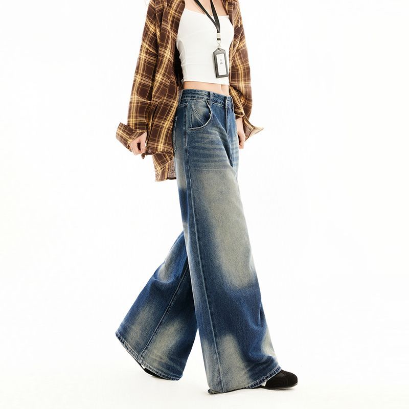 Early Spring Heavy Wash Vintage Relaxed Slim Floor Wide Leg Denim Pants For Ladies Casual Pants Oversize Denim Trousers
