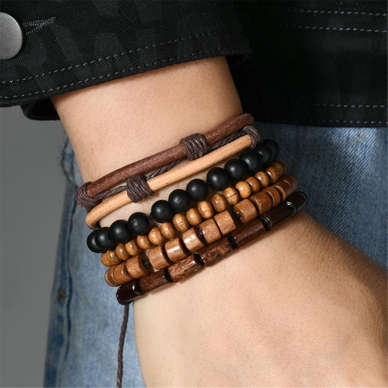 5Pcs Handmade Multilayer Elastic Cord Bracelet Coconut Shell Wood Beads Bangle Adjustable Retro Jewelry Gift