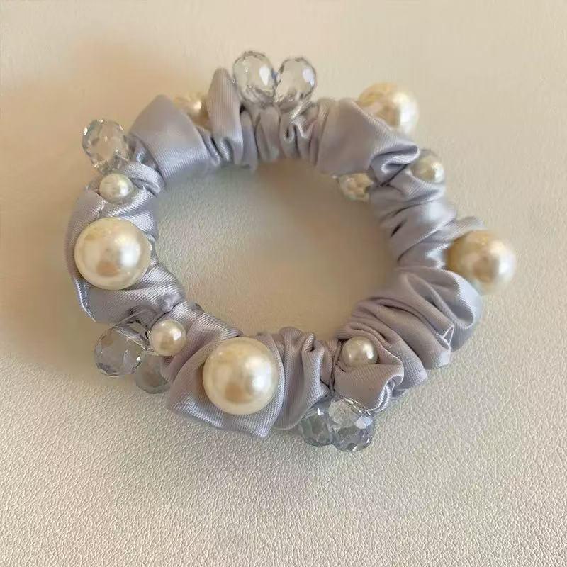 Korean Satin Pearl Crystal Hair Tie: Elegant Fabric Scrunchie for Ponytails