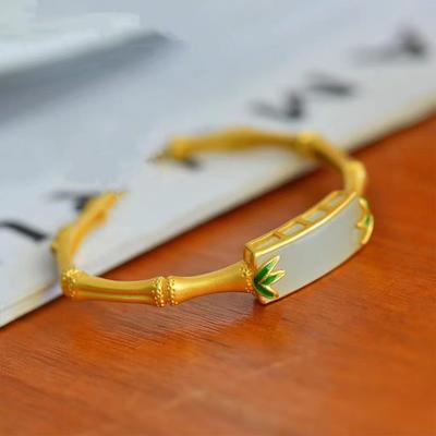Vietnamesisches Jade Bambusblatt Armreif: Damenarmband aus Messing, goldplattiert, antike Methode