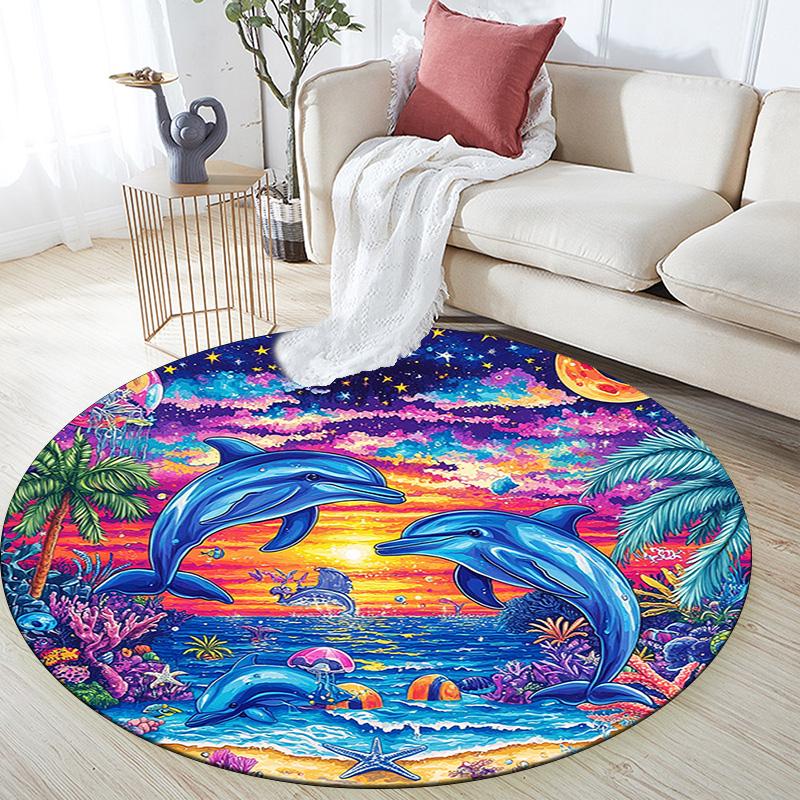 Dolphins Sunset Round Area Rug,Carpet Rug for Living Room Bedroom Sofa Playroom Decor,Non-slip Floor Mat