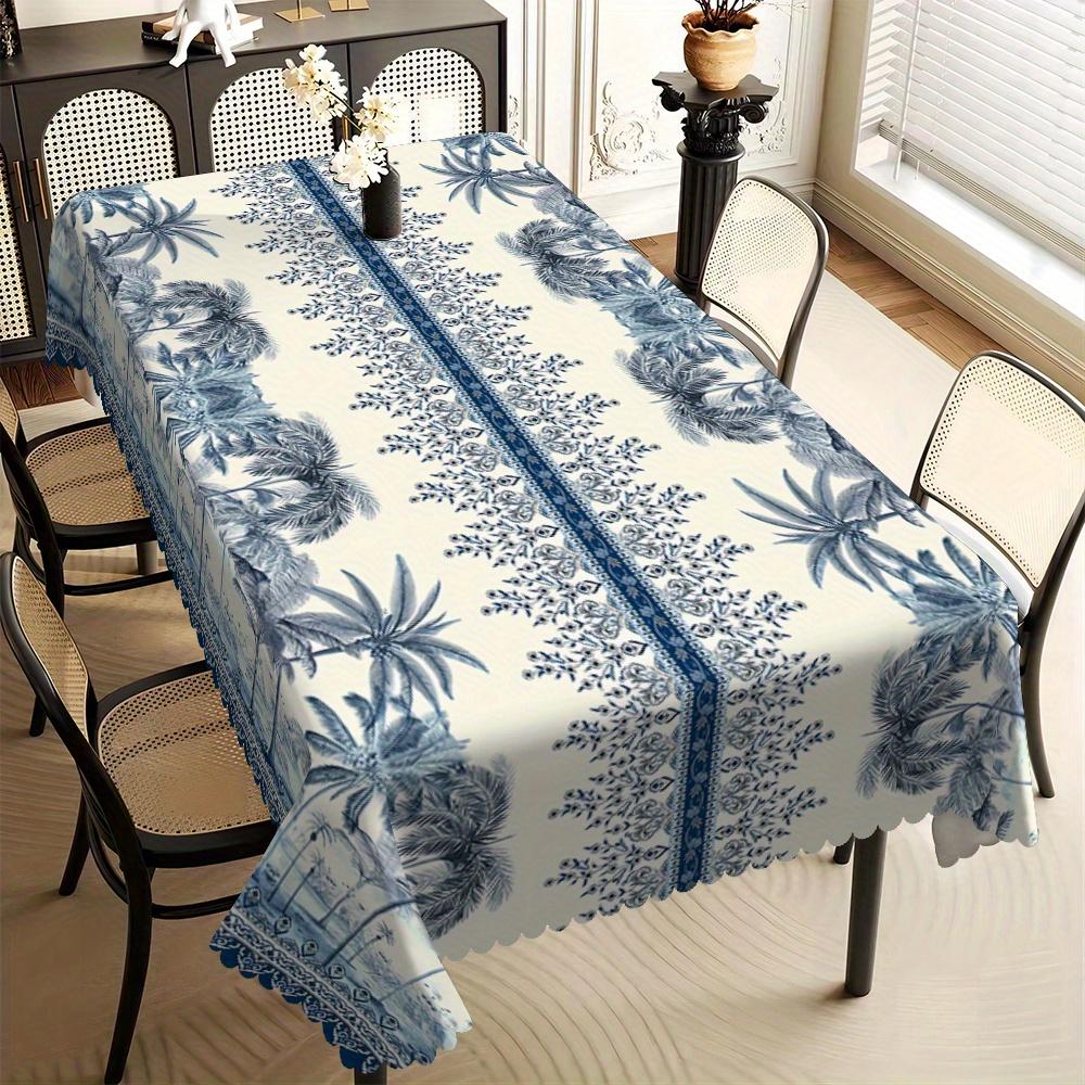 Tropische Blauwe Palmboom Print Tafelkleed, Kust Chinoiserie Stijl met Golvende Rand, Vlekbestendig voor Eetkamer & Zomer 100x140cm
