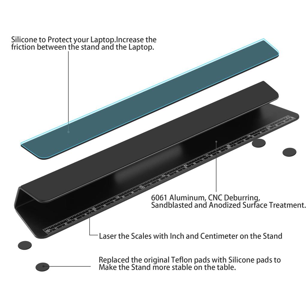 Psitek Aluminum Laptop Cooling Stand Improved Comfortable Work and Stability Compatible with MacBooks and All Laptops Ruler Included 2024 Edition -