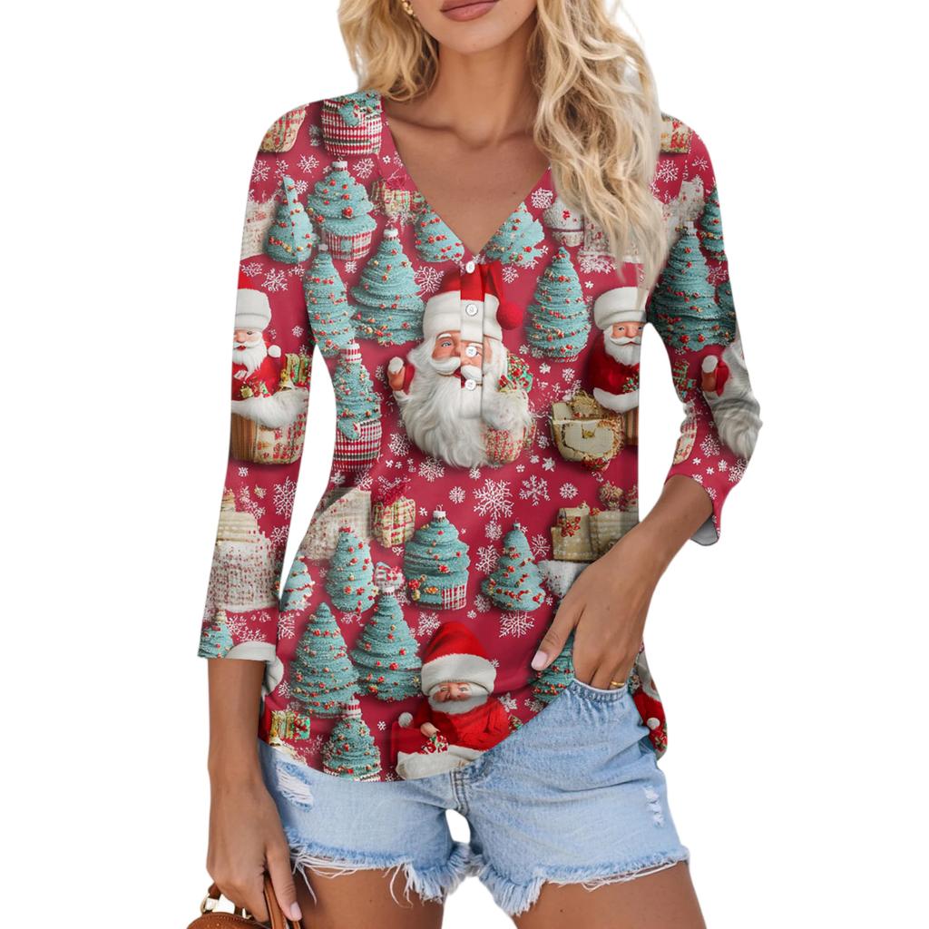 Women's Casual Fashion Sexy Comfortable Christmas Print V-Neck Button Three-quarter Sleeve Top