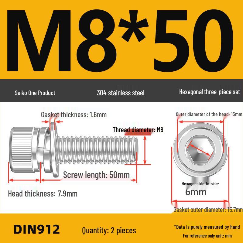 304 Stainless Steel Hex Socket Cap Screw with Washer - Sizes M3, M4, M5, M6, M8, M12