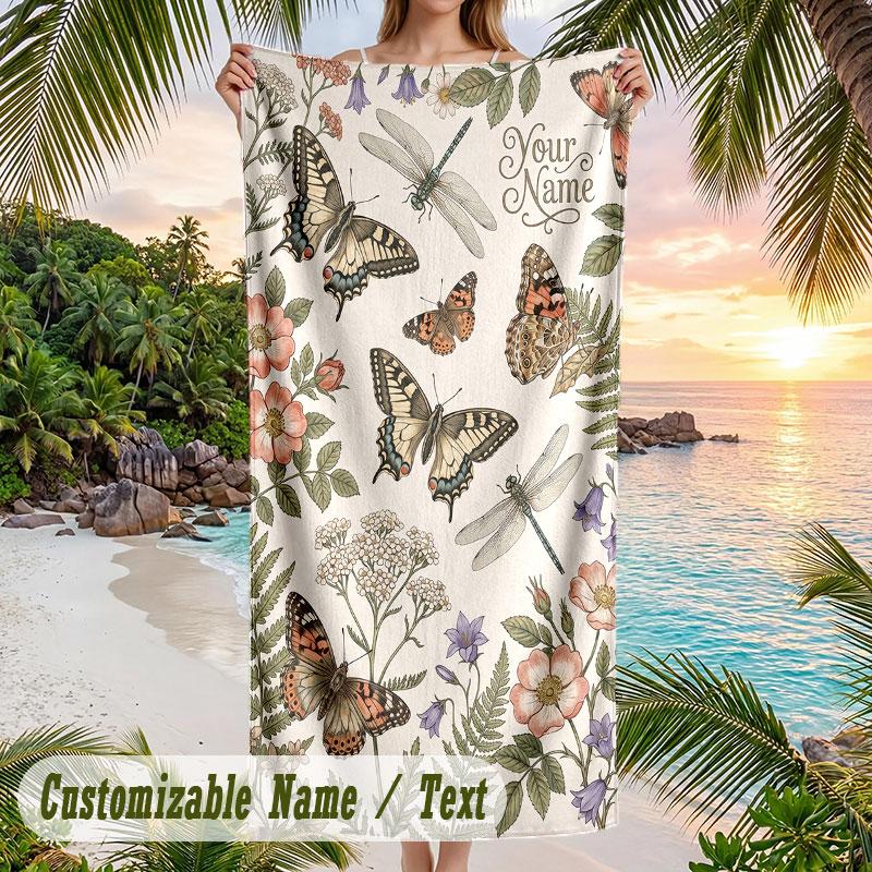 Butterflies Dragonflies Garden 2 Theme Quick Dry Beach Towel Custom Name Text Print Large Sand Resistant Towel Beach Vacation