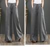 Plus Size Women Cotton Linen Vintage Elastic Waist Pants Loose Casual Wide Leg Trousers Culottes Flare Long Pants