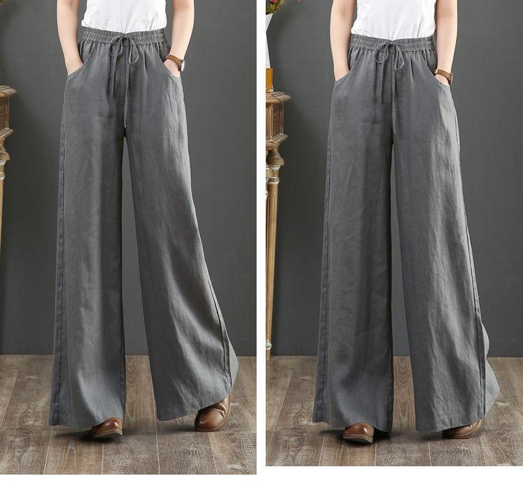 Plus Size Women Cotton Linen Vintage Elastic Waist Pants Loose Casual Wide Leg Trousers Culottes Flare Long Pants