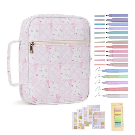 Quilted Bible Case Women Floral Bible Cover Case with Handle Study Supplies Bag Portable