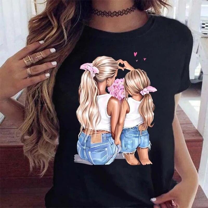 Maycaur Women T Shirt Cartoon Mom with Sons Shirt Fashion Print Casual Woman Tee Ladies Female T-shirt Short Sleeve T Top Shirt