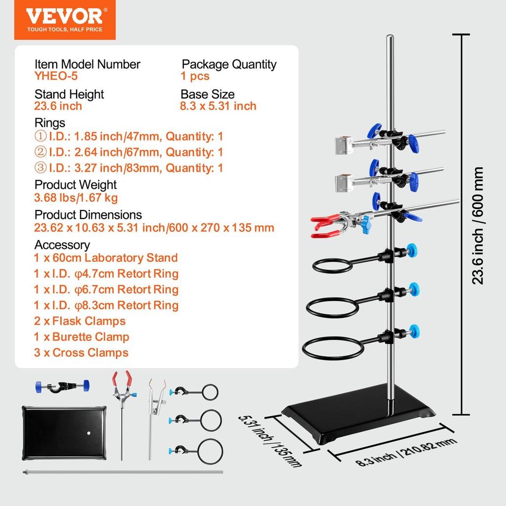Lab Stand Support, Laboratory Retort Support Stand Set, Steel Lab Stand 23.6" Rod and 8.3" x 5.3" Cast Iron Base, Includes Flask Clamps, a Burette