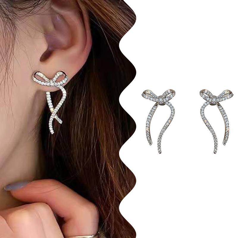 1Pair Fashion Sweet Temperament Ribbon Bow Drop Earrings For Women Girls Rhinestone Bow Ear Studs Earrings Wedding Jewelry