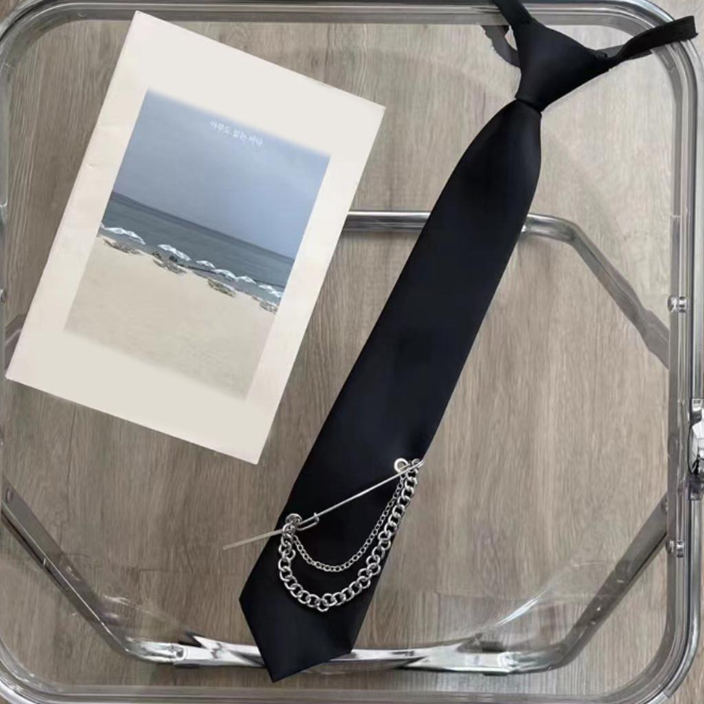 Unisex Japanese Preppy Student Uniform Adjustable Pre Tied Necktie Vintage Punk Long Chain Metal Pin Neck Tie Neckwear
