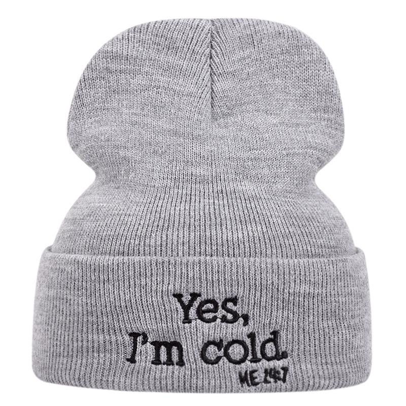 

Yes I M Cold Embroidery Knitted Hat Winter Warm Men S And Women S Outdoor Wool Hat Autumn And Winter Popular Cold Hat elastic 55-61cm