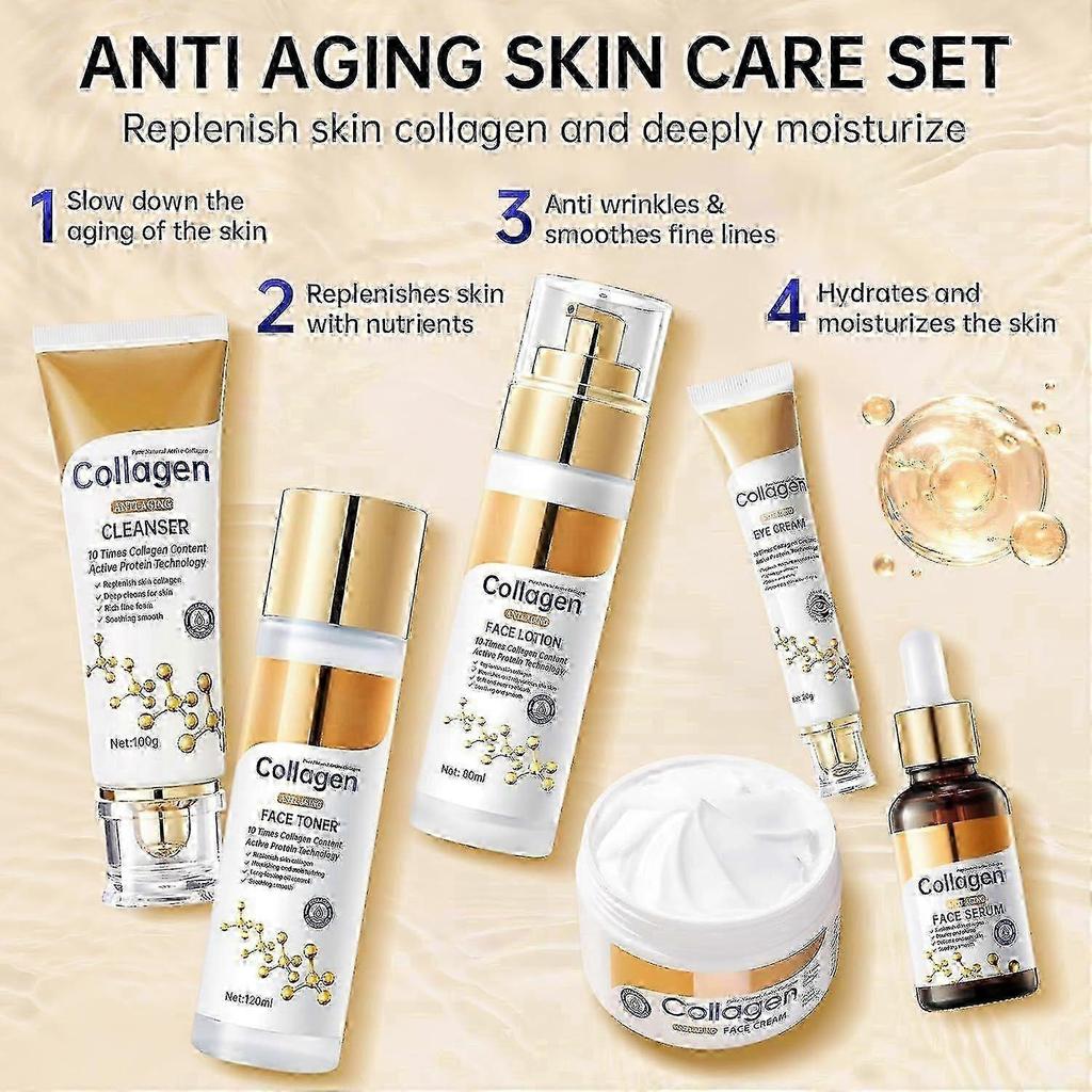 Collagen Skin Care Set, Anti Aging Skincare Set for Face, Shrink Pores, Hydrate & Firm Skin, 6 Pcs Skincare Kits with Cleanser, Toner, Lotion, Serum