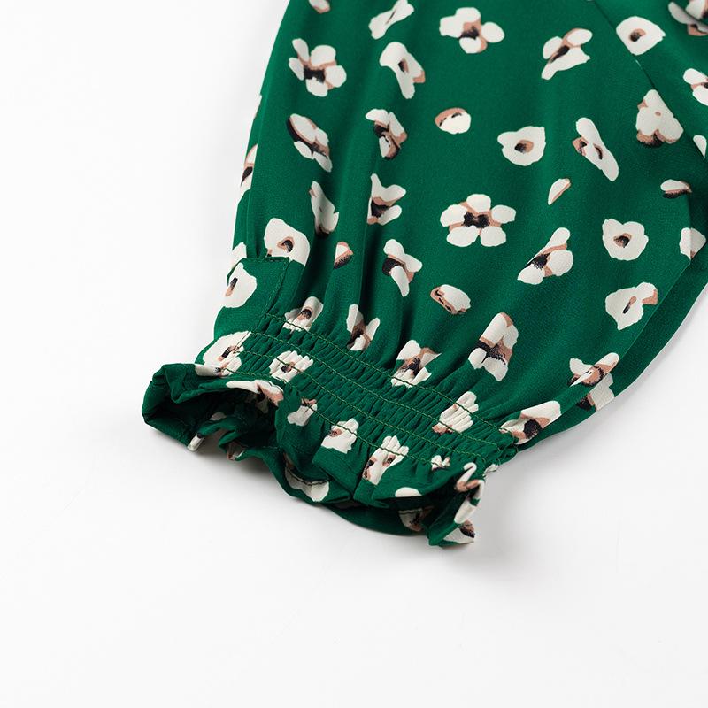 2024 Winter Women's European & American V-Neck Waist-Gathering Short-Sleeve Printed Dress